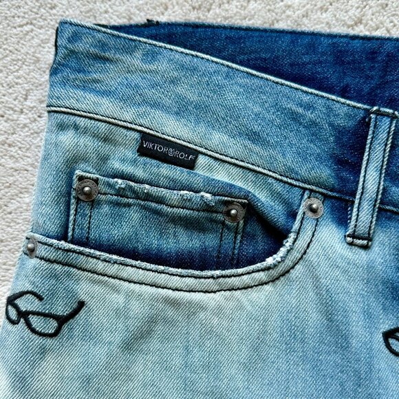 VIKTOR & ROLF Slim COTTON Denim JEANS w/All-Over Embroidered Motif SIZE 32 US - Picture 4 of 11
